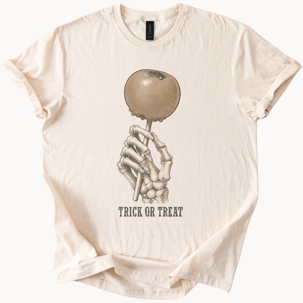 Trick or Treat Skeleton Hand Gripping a Caramel Apple Tee